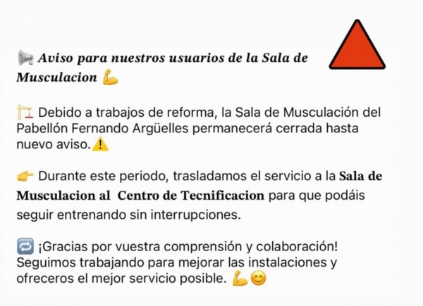 ¡¡¡AVISO USUARIOS SALA MUSCULACIÓN!!!